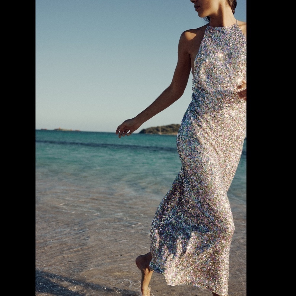 Zara Viral colorful SEQUIN KNIT HALTER DRESS NWT